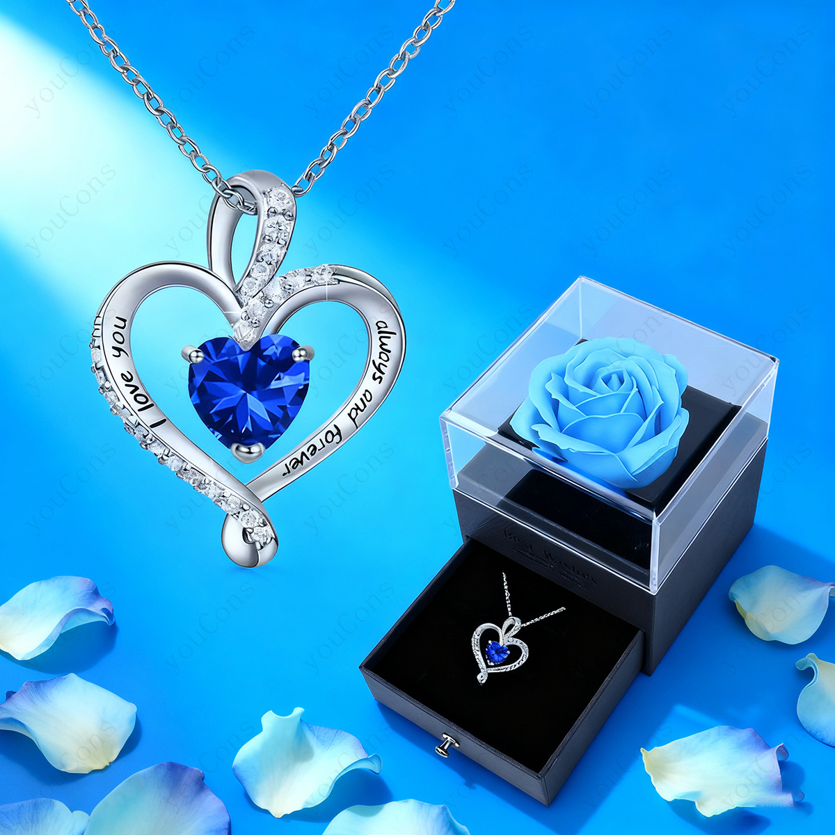 Women's Luxury Dark Blue Synthetic Zirconia Heart Pendant Necklace with Gift Box
